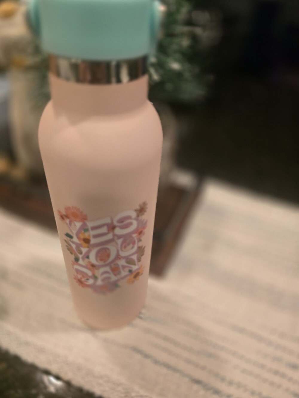 Pink Floral Stainless Bottle with 'Yes You Can' Graphic Nwt